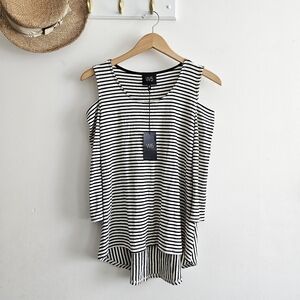 W5 Womens Small Striped Cold Shoulder Top Black White 3/4 Sleeve Made In USA
